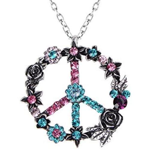 Alilang Silver Tone Retro Pink Blue Flower Crystal Rhinestone Hippie Peace Symbol Pendant Necklace