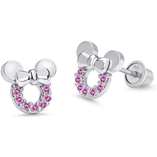 925 Sterling Silver Rhodium Plated Pink Mouse Cubic Zirconia Screwback Baby Girls Earrings