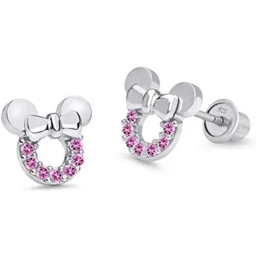 925 Sterling Silver Rhodium Plated Pink Mouse Cubic Zirconia Screwback Baby Girls Earrings