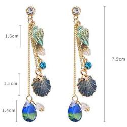 DAMLENG Sparkly Bohemia Long Tassel Blue Ocean Shell Dangle Earrings Shine Rhinestone Scallop Beach Earrings for Women Girls Charm Statement Colorful Crystal Jewelry