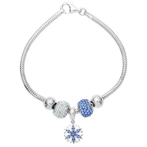 Disney Frozen Snowflake and Crystal Beads Sterling Silver Bundle Bracelet, 7.5” Disney Frozen Snowflake and Crystal Beads Sterling Silver Bundle Bracelet, 7.5”