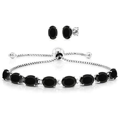 Gem Stone King 925 Sterling Silver Black Onyx Adjustable Tennis Bracelet Earrings Set, 11.60 Total Carat Weight