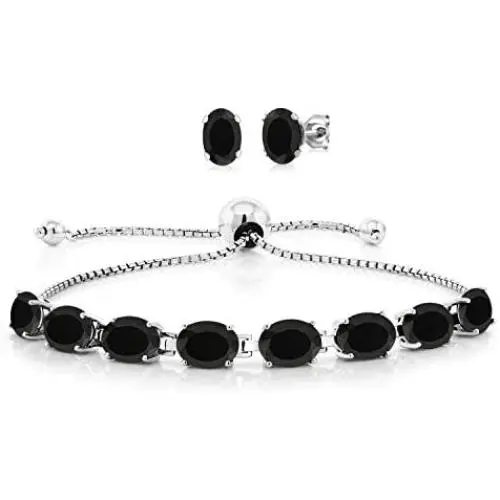 Gem Stone King 925 Sterling Silver Black Onyx Adjustable Tennis Bracelet Earrings Set, 11.60 Total Carat Weight Gem Stone King 925 Sterling Silver Black Onyx Adjustable Tennis Bracelet Earrings Set, 11.60 Total Carat Weight