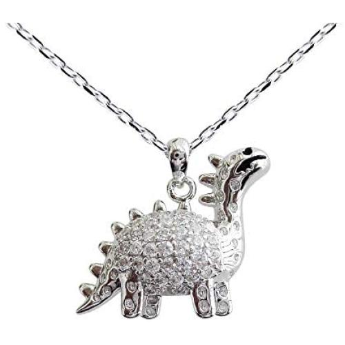 Hiqmic 925 Sterling Silver Cute Dinosaur Stegosaurus Pendant Necklace White Gold Plated Jewelry Gifts for Women 17''_WK99096