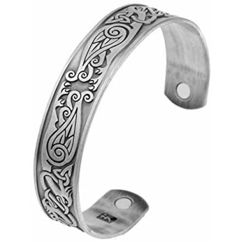 Magnetic Celtic Knot Viking Crow Cuff Bracelet Bangle Stainless Steel Health Care Jewelry for Men (antique silver)