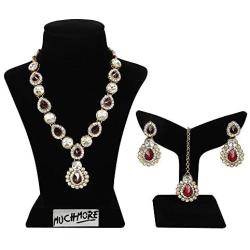 MUCH-MORE Indian Bollywood Bridal Necklace Earring with Maang Tikka Gold Tone Jewelry Set for Women