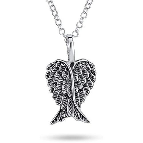 Personalize Engravable Amulet Feathered Guardian Angel Wing Heart Pendant Necklace For Women Teen Antiqued 925 Sterling Silver SM MED LG