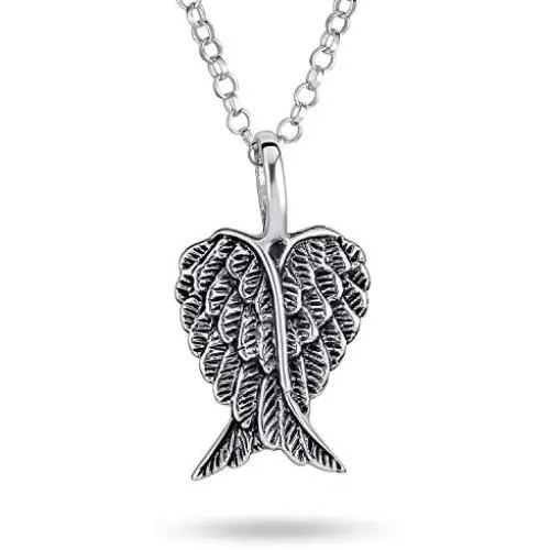 Personalize Engravable Amulet Feathered Guardian Angel Wing Heart Pendant Necklace For Women Teen Antiqued 925 Sterling Silver SM MED LG