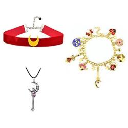 3Pack Sailor Moon Choker Necklace Charm Pendant with Cosplay Bracelet