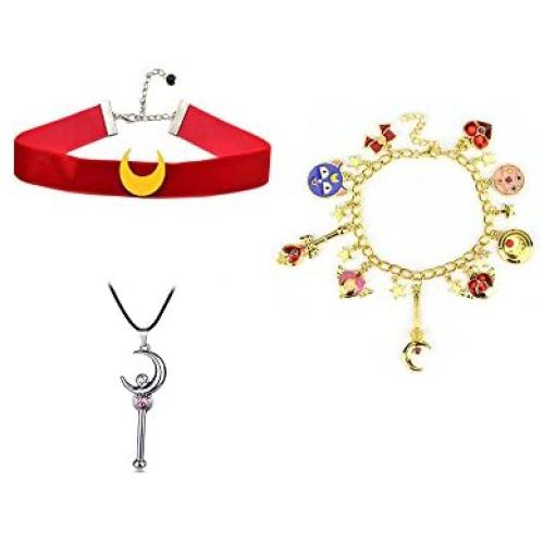 3Pack Sailor Moon Choker Necklace Charm Pendant with Cosplay Bracelet