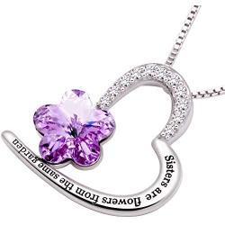 ALOV Jewelry Sterling Silver''Sisters are flowers from the same garden'' Love Heart Purple Crystal Cubic Zirconia Pendant Necklace