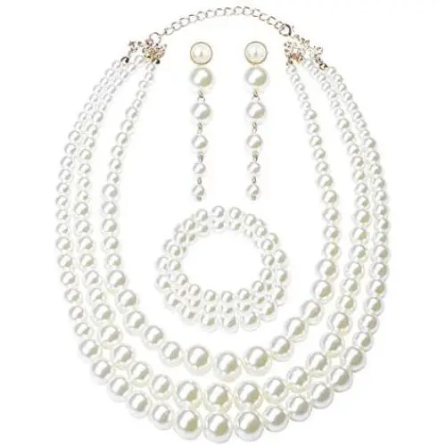 Finrezio Womens Faux Three Multi-Strand Pearl Necklace Long Pearl Dangle Earrings and Bracelet Jewelry Set for Women Finrezio Womens Faux Three Multi-Strand Pearl Necklace Long Pearl Dangle Earrings and Bracelet Jewelry Set for Women