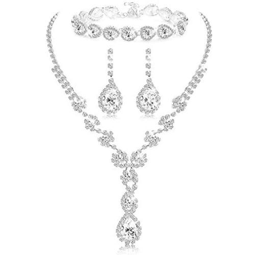 LOYALLOOK Bridal Rhinestone Teardrop Statement Necklace Bracelets and Dangle Earrings Jewerry Sets for Proms Weddings