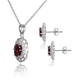 Sterling Silver Genuine Simulated Gemstone Oval Filigree Flower Pendant Necklace Stud Earrings Set