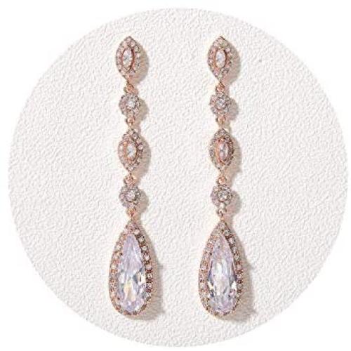 SWEETV Long Pear-Shaped Wedding Birdal Earrings for Brides, Bridesmaids, Crystal Chandelier Dangle Drop Earrings for Women Prom