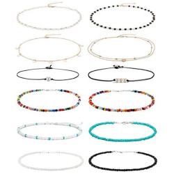 Wremily 4-12 Pieces Beaded Choker Necklaces for Women Girls Boho Seed Bead Choker Set Hawaiian Handmade Turquoise Beach Beads Necklace Chain Jewelry