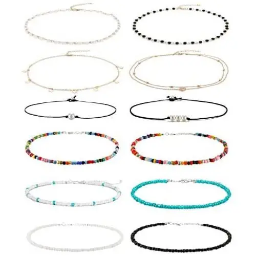Wremily 4-12 Pieces Beaded Choker Necklaces for Women Girls Boho Seed Bead Choker Set Hawaiian Handmade Turquoise Beach Beads Necklace Chain Jewelry