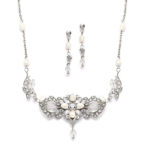 Mariell Freshwater Pearl and Crystal Wedding Jewelry Set for Brides - Handmade Necklace and Earrings