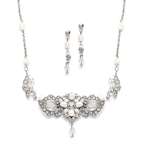 Mariell Freshwater Pearl and Crystal Wedding Jewelry Set for Brides - Handmade Necklace and Earrings