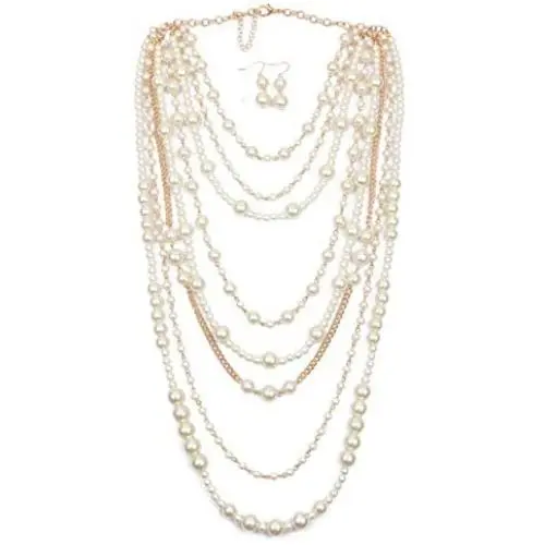Shineland Multilayer Strand Simulated Faux Pearl Statement Long Sweater Chain Necklace and Earrings Set