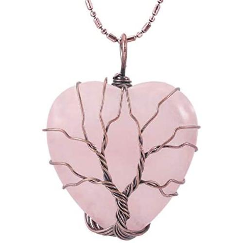 SUNYIK Natural Gemstone Tree of Life Pendant Necklace for Women, Handmade Copper Wire Wrapped Heart Love Healing Reiki Crystal Jewelry