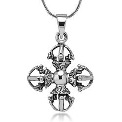 SUVANI Sterling Silver Tibetan Buddhist Double Vajra Dorje Phurba 3D Amulet Protection Necklace 18''