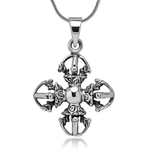SUVANI Sterling Silver Tibetan Buddhist Double Vajra Dorje Phurba 3D Amulet Protection Necklace 18''