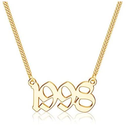 Ursteel Birth Year Number Necklace, 18K Gold Plated Old English Birth Year Pendant Necklaces Personalized Anniversary Birthday Jewelry for Women, 1970-2021
