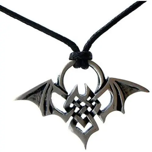 Tribal Jewelry Celt Celtic knot Bat Vampire Totem Silver Pewter Mens Pendant Necklace Choker Wealth Money Lucky Charm Protection Amulet Safe travel Talisman for men unisex w Black Adjustable Cord