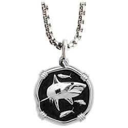Guy Harvey Shark Medallion Black Enamel in Sterling Silver on a Durable 22'' Necklace Box Chain