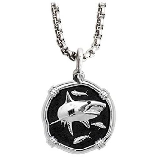 Guy Harvey Shark Medallion Black Enamel in Sterling Silver on a Durable 22'' Necklace Box Chain