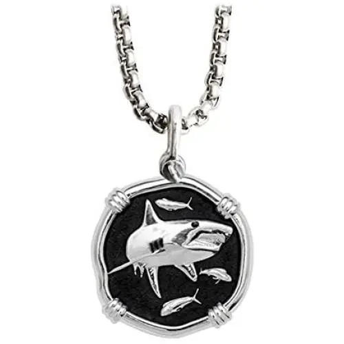 Guy Harvey Shark Medallion Black Enamel in Sterling Silver on a Durable 22'' Necklace Box Chain Guy Harvey Shark Medallion Black Enamel in Sterling Silver on a Durable 22'' Necklace Box Chain