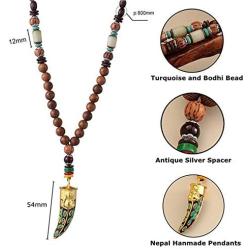 Handcrafted Boho Wood Bead Necklace with Horn Shaped Metal Pendant Embedded Polymer Clay Jewelry, Long Tribal Ethnic Style