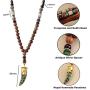Handcrafted Boho Wood Bead Necklace with Horn Shaped Metal Pendant Embedded Polymer Clay Jewelry, Long Tribal Ethnic Style