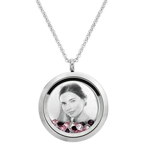 Queenberry Laser Engraved Personalized Photo & Text Message Floating Locket Crystals Necklace Pendant Handmade Love Note Anniversary Wedding Birthday Gift