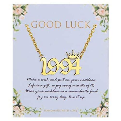 MOROTOLE Birth Year Necklace with Crown 18K Gold Plated Birth Year Number Necklace Stainless Steel Birthday Year Pendant Necklace for Women Girls,1990-2010