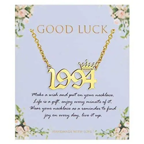 MOROTOLE Birth Year Necklace with Crown 18K Gold Plated Birth Year Number Necklace Stainless Steel Birthday Year Pendant Necklace for Women Girls,1990-2010