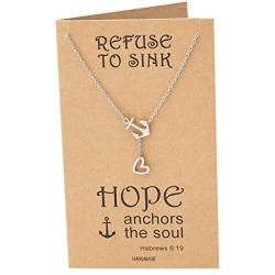 Quan Jewelry New Anchor Necklace, Sailor Pendant with Mini Heart Charm, Seaman Lariat Necklace, Sea Anchor Inspirational Quote on Greeting Card (Silver)