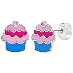 925 Sterling Silver Cupcake Childrens Jewelry Set Necklace Earrings Pink CZ 16''