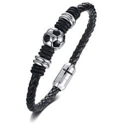 MPRAINBOW Free Engraving Stainless Steel Braided Soccer Football Genuine Leather Bracelets for Men Women
