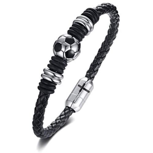 MPRAINBOW Free Engraving Stainless Steel Braided Soccer Football Genuine Leather Bracelets for Men Women