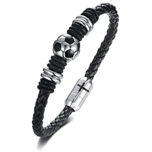 MPRAINBOW Free Engraving Stainless Steel Braided Soccer Football Genuine Leather Bracelets for Men Women MPRAINBOW Free Engraving Stainless Steel Braided Soccer Football Genuine Leather Bracelets for Men Women