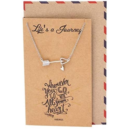 Quan Jewelry Arrow Necklace with Heart Charm, Positive Reminder Sideways Arrow Pendant, Graduation Gifts, Dream Necklace with Inspirational Quote