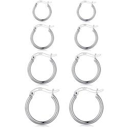 Silver Hoop Earrings for Women, 4 Pairs Small Silver Huggie Earrings Hoop Set | Mini Cartilage Hypoallergenic Tragus Helix Jewelry for Girls Men Teenagers (12mm/15mm/20mm/24mm)