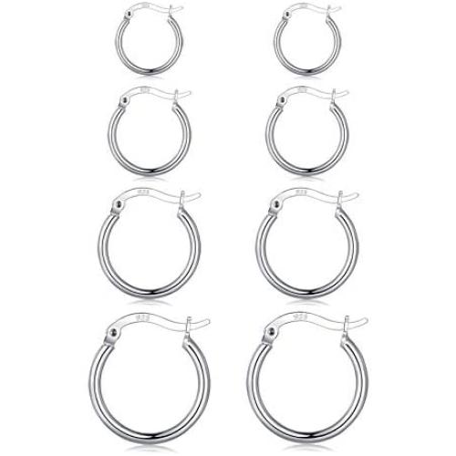 Silver Hoop Earrings for Women, 4 Pairs Small Silver Huggie Earrings Hoop Set | Mini Cartilage Hypoallergenic Tragus Helix Jewelry for Girls Men Teenagers (12mm/15mm/20mm/24mm)