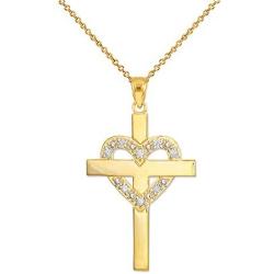 Solid 14k Yellow Gold Diamond-Studded Heart Cross Pendant Necklace
