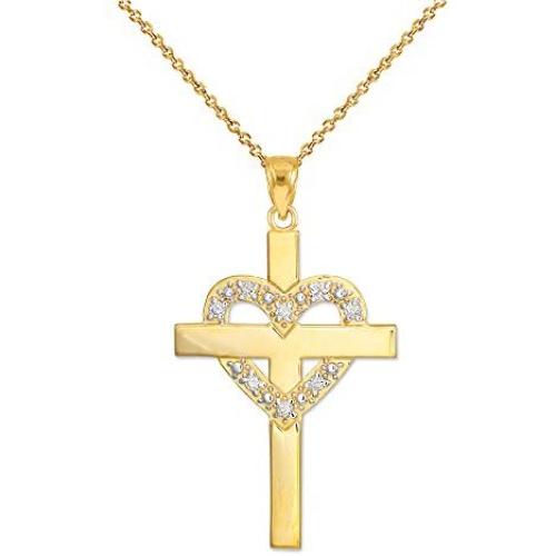 Solid 14k Yellow Gold Diamond-Studded Heart Cross Pendant Necklace