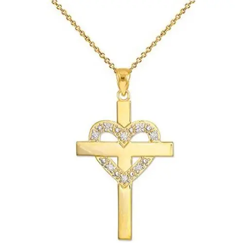 Solid 14k Yellow Gold Diamond-Studded Heart Cross Pendant Necklace Solid 14k Yellow Gold Diamond-Studded Heart Cross Pendant Necklace