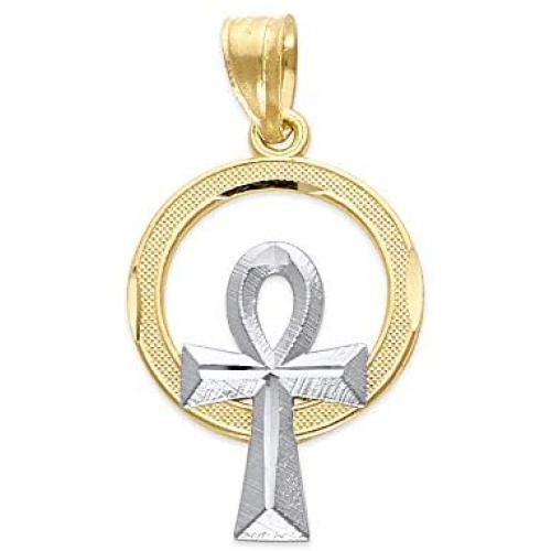 10k Real Solid Gold Ankh Pendant, Two Tone Egyptian Symbol of Life Charm Jewelry