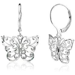 Sterling Silver Diamond-cut Filigree Thin Dainty Butterfly Dangle Drop Leverback Earrings